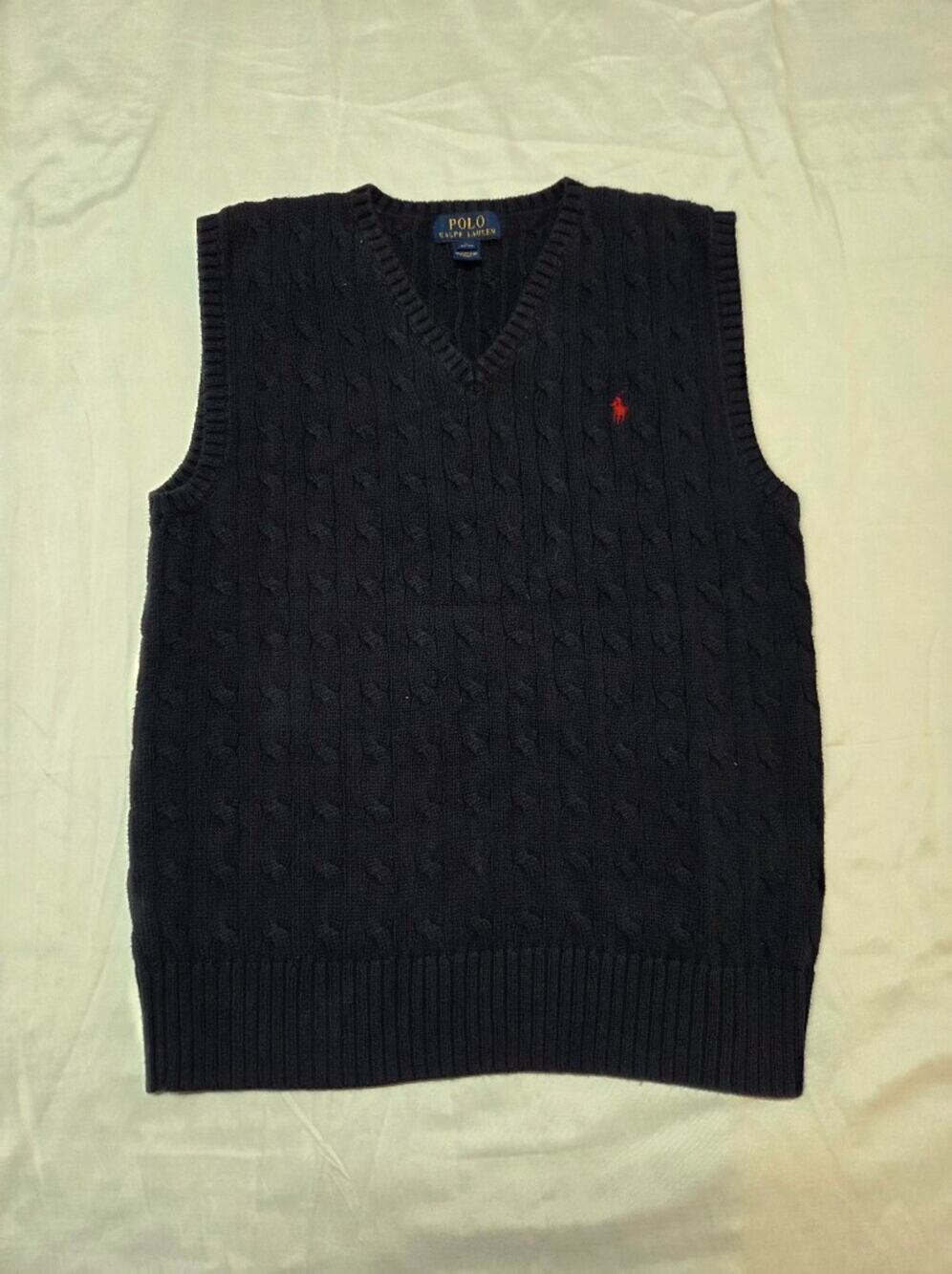 Polo by Ralph Lauren Navy Cable-Knit V-Neck Sweater Vest with Red Pony